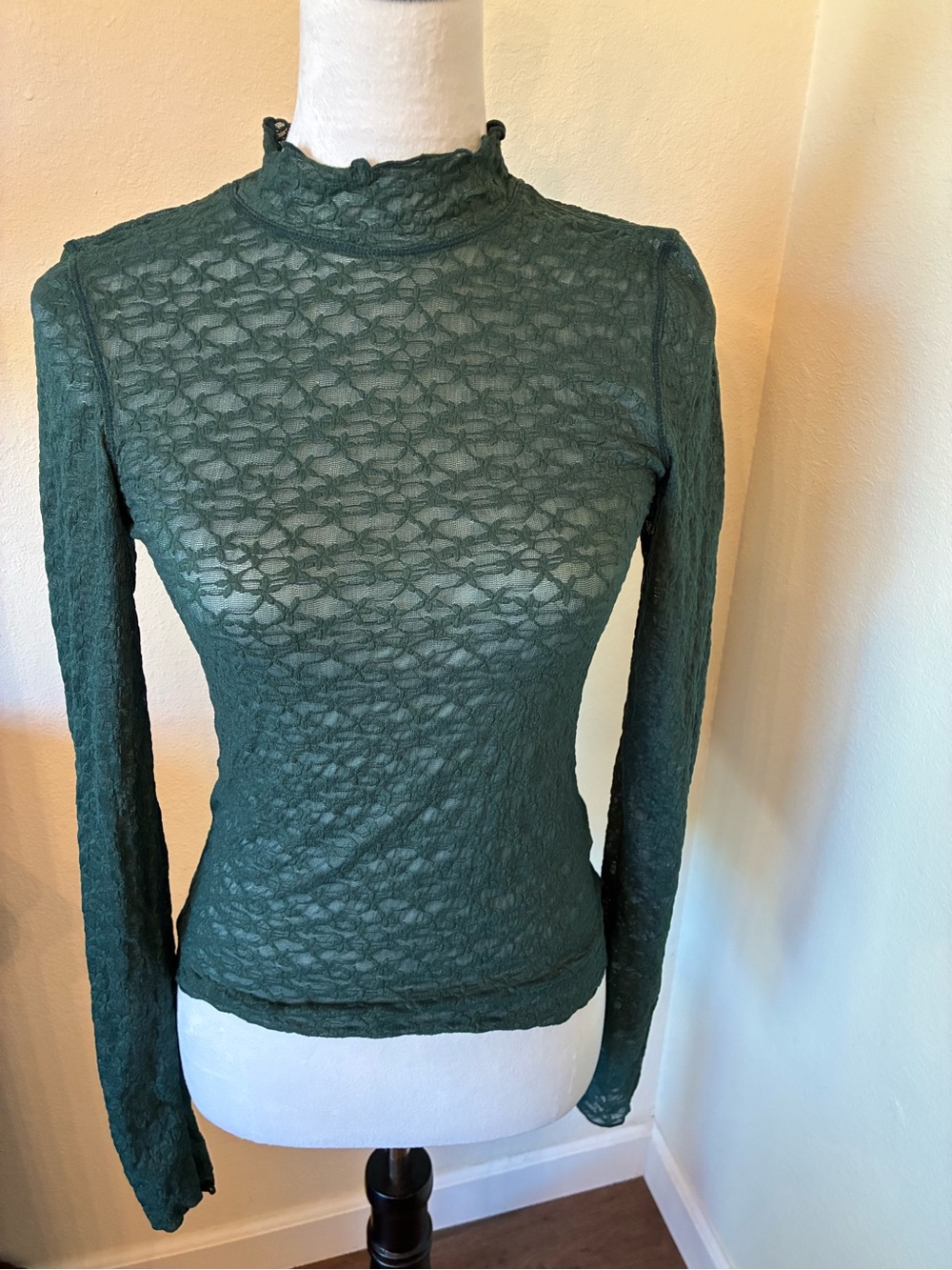 Free People Forest Green Lace Mock Neck Long Sleeve Top